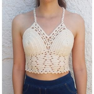 San Lorenzo Crochet Boho Festival Hippie Bikini Halter Crop top White S